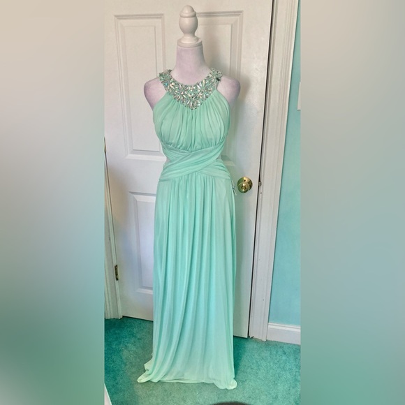 slim fit dress slacks Miss Circle Women Lael Mint Green Back Button Trailing Gown